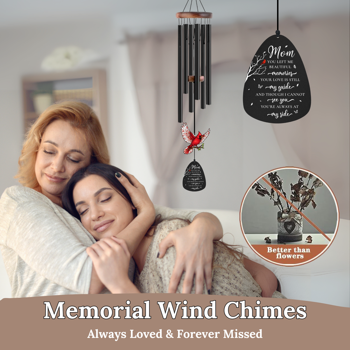 36 inch Cardinal Memorial Wind Chimes for Loss of Mom – Sympathy Gift with Floral Cardinal Ornament