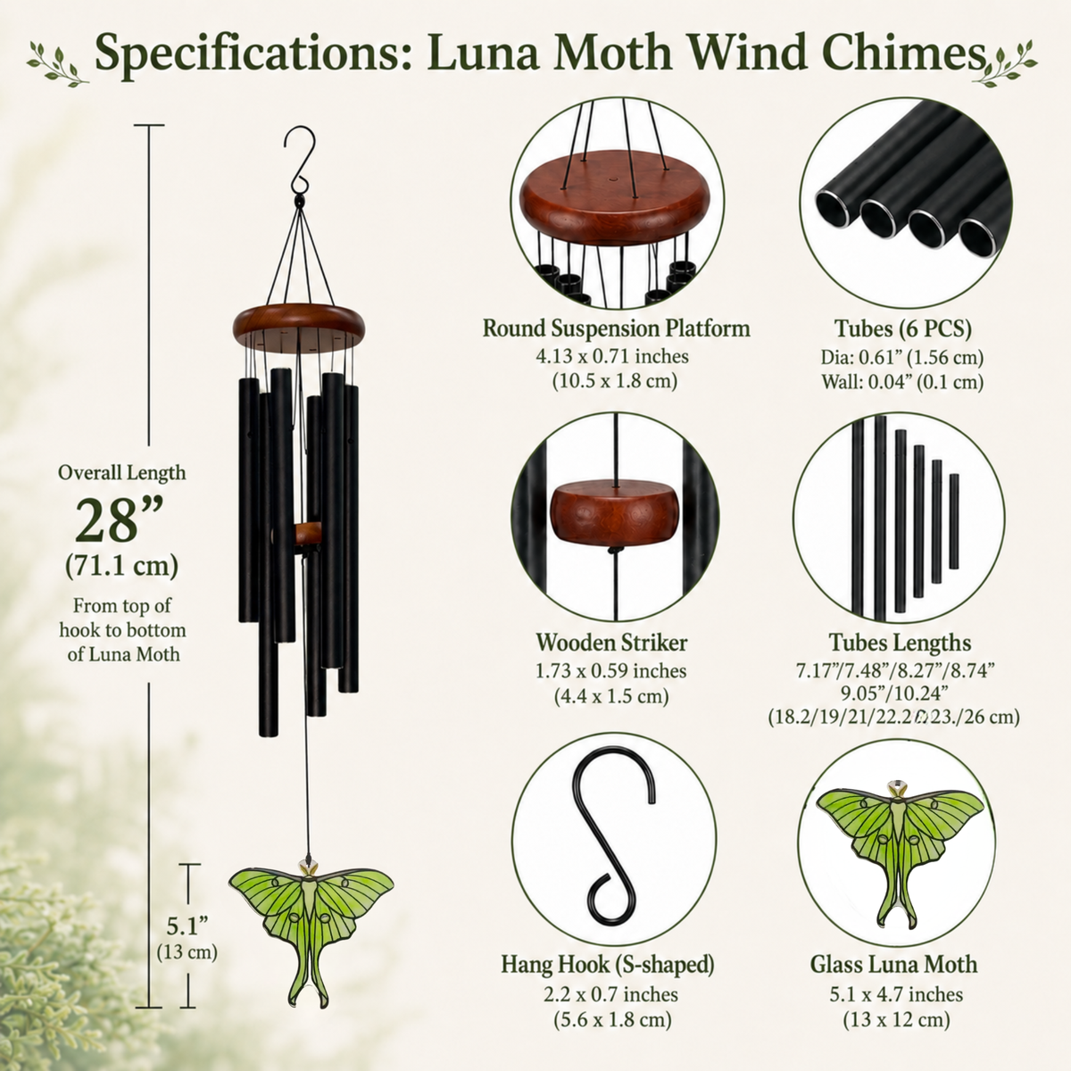 Luna Moth Wind Chimes for Outside, Stained Glass Butterfly Gifts for Women