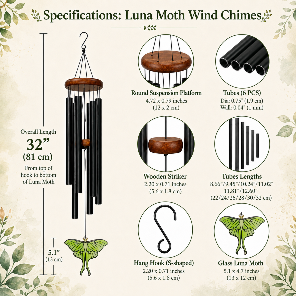 Luna Moth Wind Chimes for Outside, Stained Glass Butterfly Gifts for Women