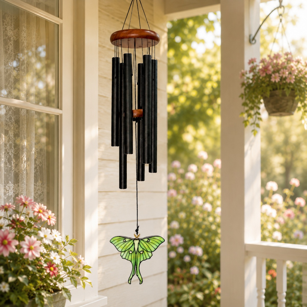 Luna Moth Wind Chimes for Outside, Stained Glass Butterfly Gifts for Women