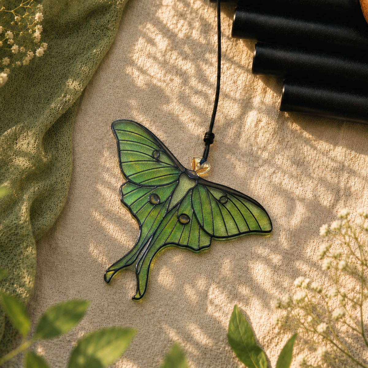 Luna Moth Wind Chimes for Outside, Stained Glass Butterfly Gifts for Women