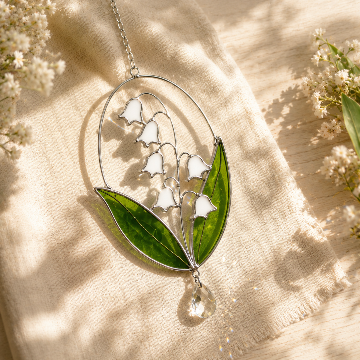 Lily of the Valley Suncatcher, Real Stained Glass Flower Window Decor
