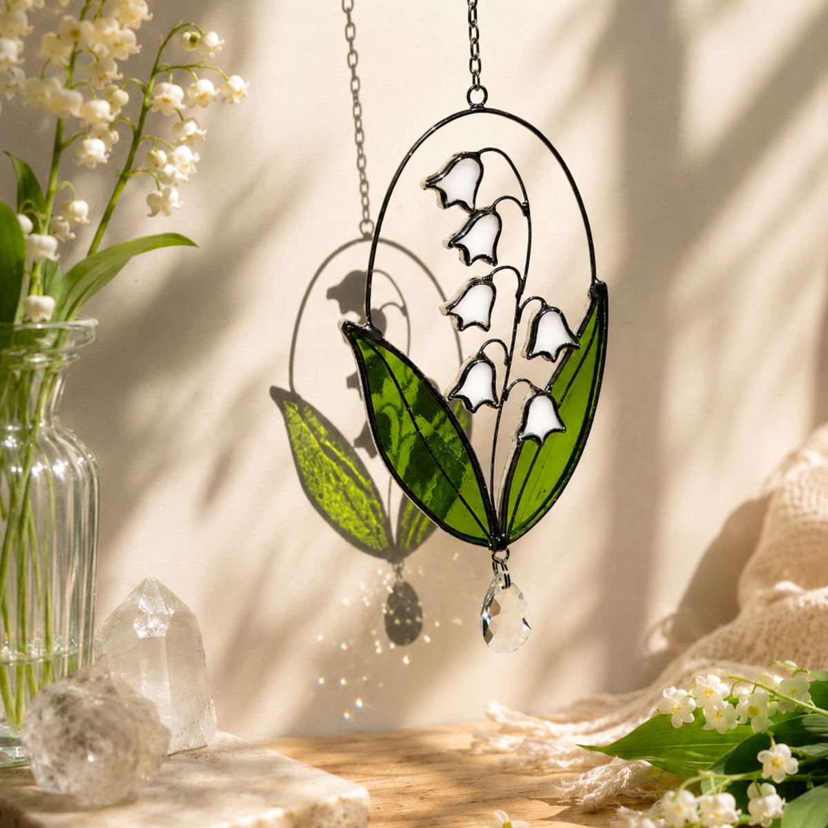 Lily of the Valley Suncatcher, Real Stained Glass Flower Window Decor