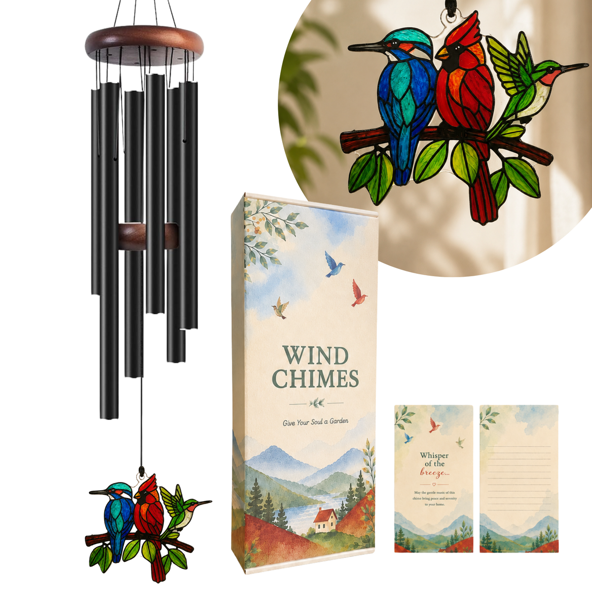 Hummingbird Birds on Branch Stained Glass Suncatcher Wind Chimes for Outside