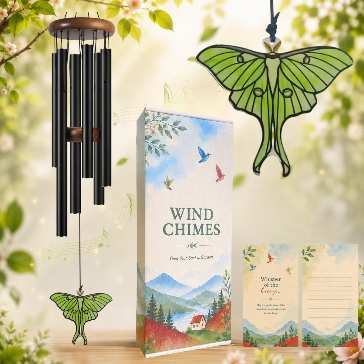 Luna Moth Wind Chimes for Outside, Stained Glass Butterfly Gifts for Women
